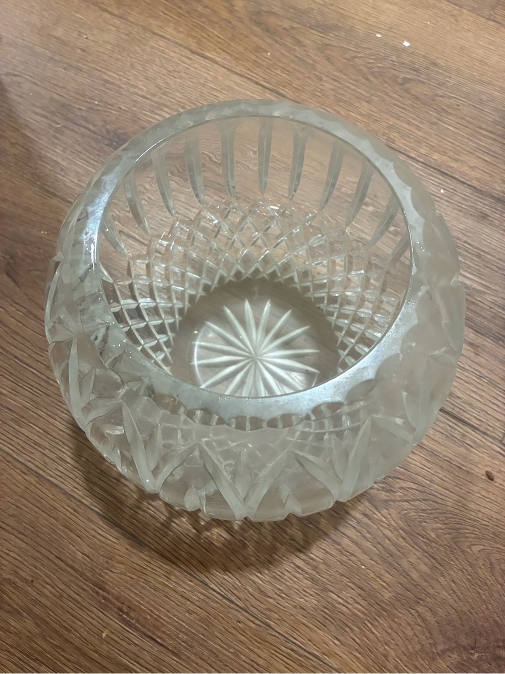 Vintage Cut Crystal Rose Bowl Globe Vase Diamond Crosshatch